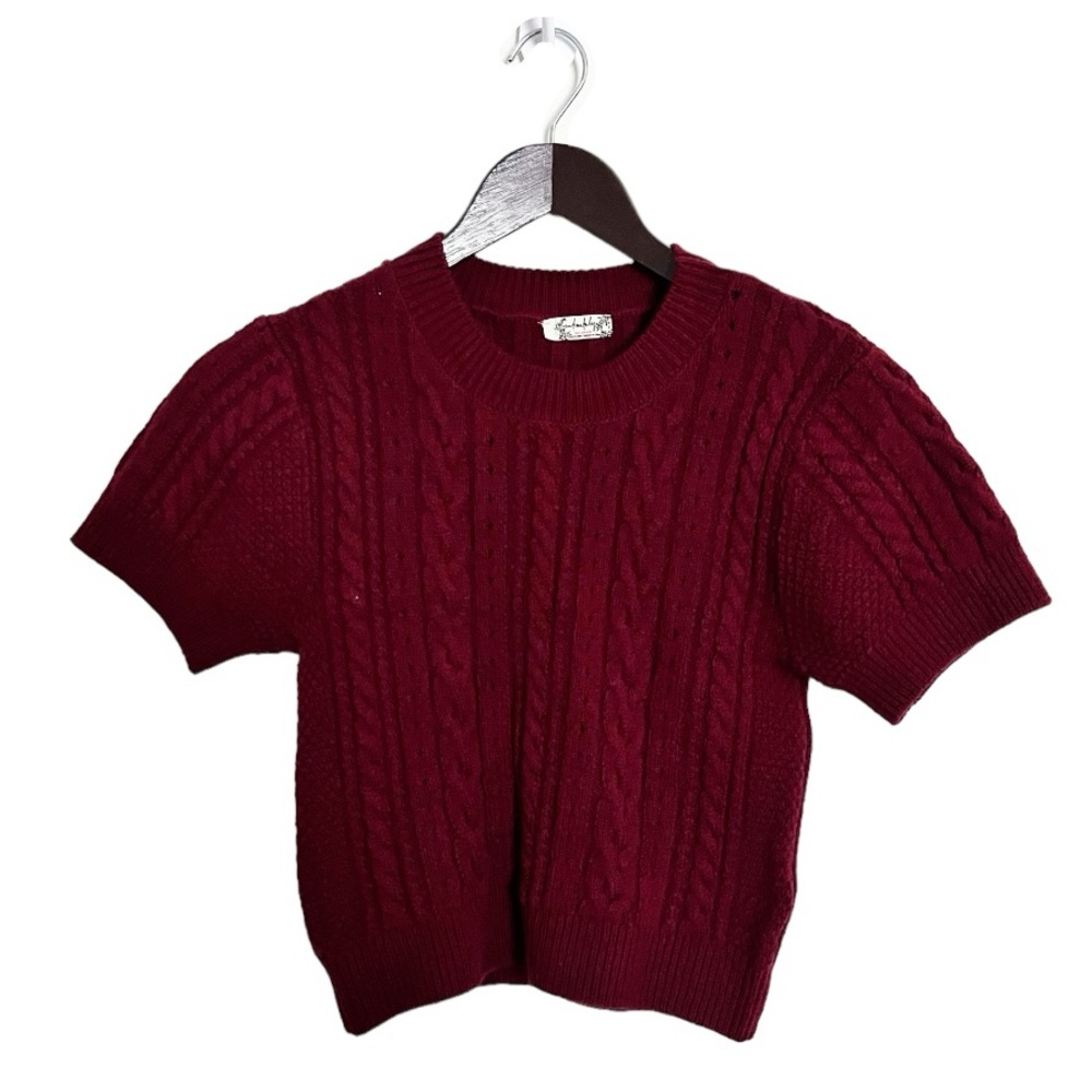 Free People Burgundy Crewneck Short Sleeve Cable Knit Cropped Sweater